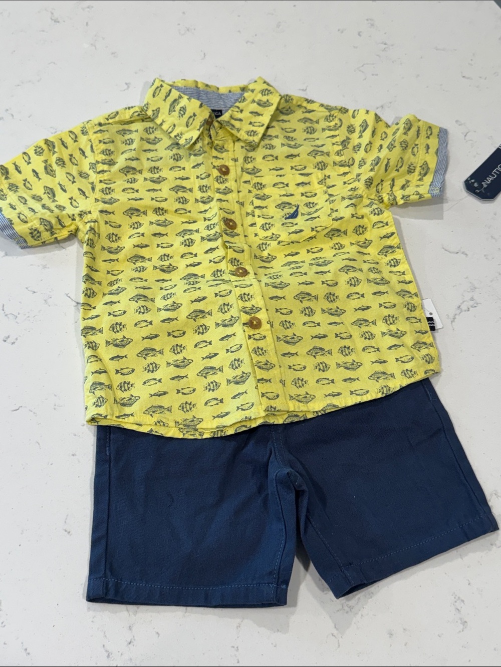 Nautica Yellow Fish Print Shirt with Navy Shorts Boy 24 Months